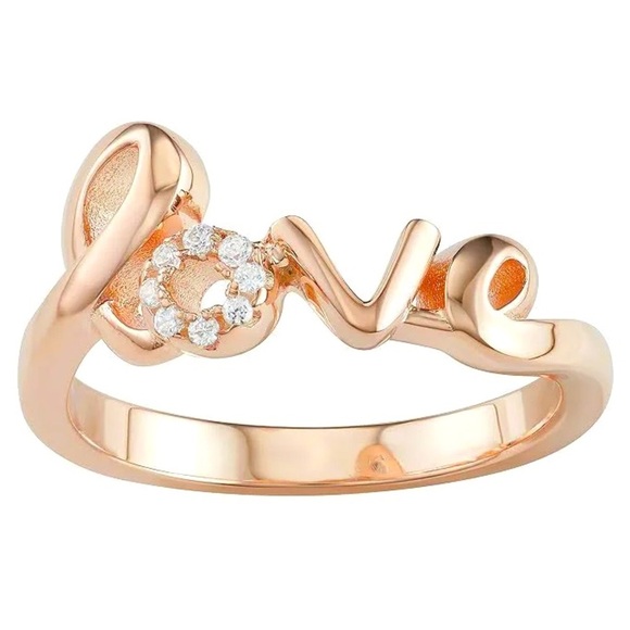Jewelry - 18k Rose Gold Plated size 6 Sterling Silver "Love" Ring w/ rhinestone bling sz 7